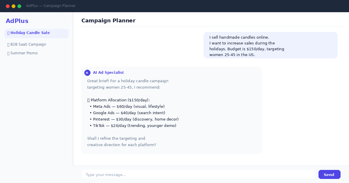 Screenshot: the AdPlus AI chat interface showing a campaign planning conversation